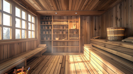 The warm wooden interior features benches, soft lighting, and a large window allowing natural light to flood the space.の素材