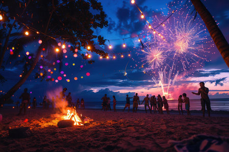 People gather around a bonfire on the beach, dancing and celebrating as fireworks burst brightly against the night sky.の素材