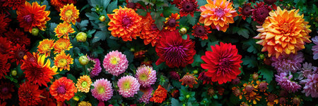 The garden showcases a stunning array of colorful chrysanthemums, dahlias, and other autumn flowers, capturing the essence of fall.の素材