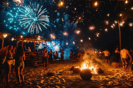 People gather at a lively beach party, dancing near a bonfire as fireworks explode in vibrant colors overhead.の素材