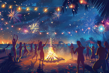 Bright lights illuminate a vibrant beach party where people gather around a bonfire, dancing joyfully as fireworks burst overhead.の素材