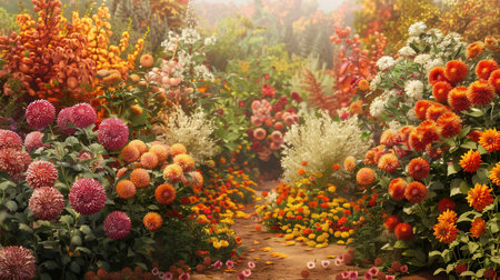 This garden showcases a stunning array of blooming chrysanthemums, dahlias, and other flowers, creating a colorful autumn display.の素材