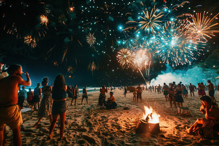 Friends celebrate the night on the beach with dancing, a bonfire, and an impressive display of fireworks above them.の素材