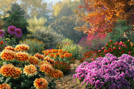 Blooming chrysanthemums, dahlias, and various autumn flowers flourish in a garden awash with warm sunlight and vibrant colors.の素材
