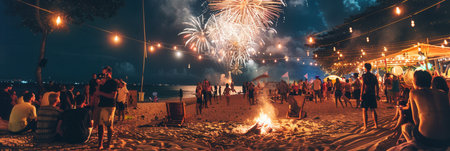 Guests celebrate a lively beach party with music, dancing, and a bonfire while colorful fireworks illuminate the night above.の素材