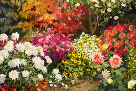 The garden showcases a stunning array of blooming chrysanthemums, dahlias, and colorful autumn flowers creating a vibrant display.の素材