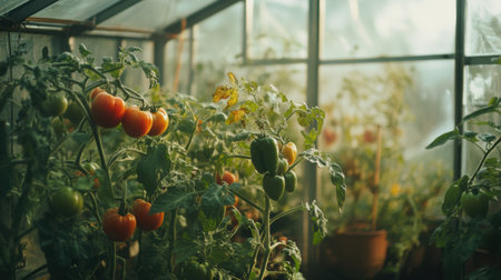 Fresh tomatoes, cucumbers, and peppers flourish in a lush greenhouse environment, benefiting from warm sunlight and careful cultivation.の素材