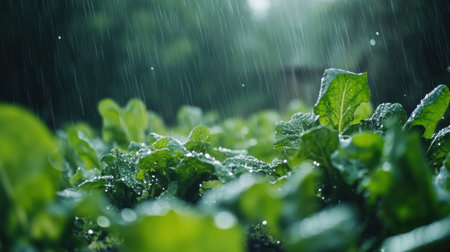 Light rain falls softly on a lush vegetable garden, creating water droplets that glisten on the green leaves of various plants.の素材