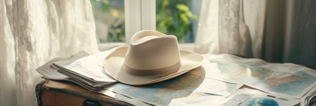 A travel hat rests on an open suitcase, surrounded by maps and travel guides, preparing for an exciting journey to new destinations.の素材