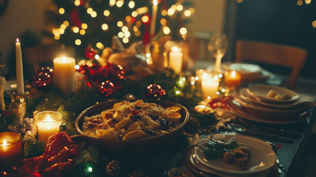 Guests can enjoy a festive Christmas dinner surrounded by delicious dishes, twinkling lights, and the warmth of candlelight.の素材