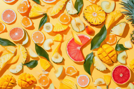 Sliced tropical fruits such as pineapples, mangoes, and papayas are artistically arranged on a vivid yellow backdrop, showing their colors.の素材