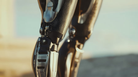 This close-up highlights the intricate details of a modern prosthetic leg, featuring durable metal and lightweight carbon fiber elements.の素材
