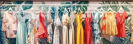 Fashionable womens closet wallpaper with summer dresses and shirts neatly hung on a wall rack.の素材