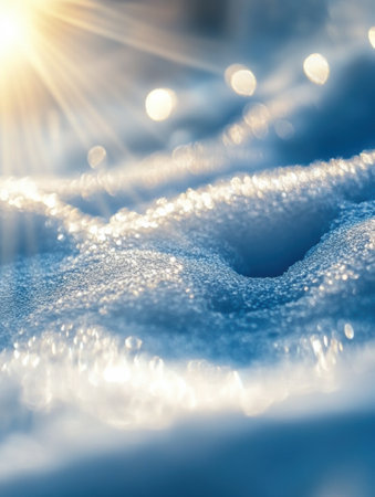 Sunlight sparkles on pristine snow, revealing intricate textures in a tranquil winter setting as morning breaks over the landscape.の素材
