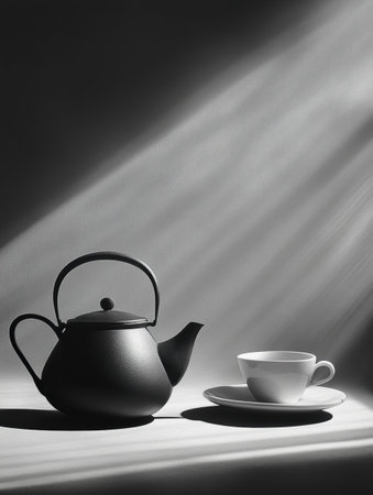 A simple yet elegant arrangement showcases a black tea kettle next to a white cup, illuminated by gentle light in a warm atmosphere.の素材