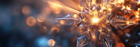 Delicate geometric shapes resembling snowflakes shine brightly, capturing the essence of winter's beauty with intricate symmetry and light effects.の素材