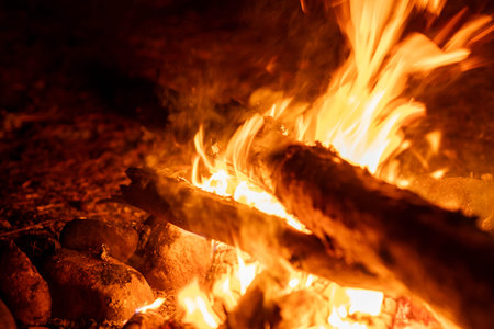 A vibrant campfire burns brightly, casting warm light around stones and wooden logs in a tranquil...