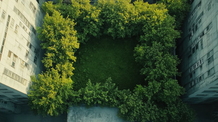 A lush green area filled with plants contrasts sharply against the surrounding concrete buildings, highlighting nature's resurgence in urban life.の素材