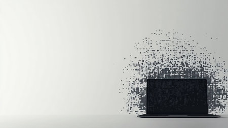 A laptop is displayed against a plain wall, with pixelated elements gradually dispersing into the background.の素材