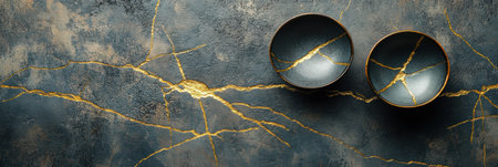 Two bowls, beautifully restored in Kintsugi style, display golden cracks set against a dark, textured backdrop.の素材