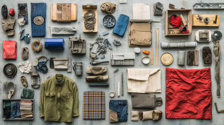 A diverse collection of recycled and upcycled items showcases creativity and sustainability, highlighting various textures and forms neatly organized.の素材