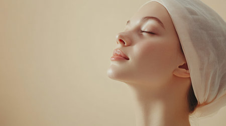 A young woman wearing a head wrap relaxes while receiving professional skincare advice in a tranquil clinic environment.の素材