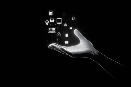 A hand extends towards a floating computer adorned with various icons representing settings and security, illustrating digital interaction.の素材