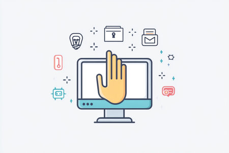 A hand is poised to interact with a computer screen showing settings and security icons, emphasizing user engagement and digital safety.の素材