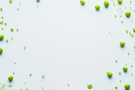 Scattered peas and droplets of green juice adorn a clean white background, highlighting a fresh and healthy food aesthetic.の素材