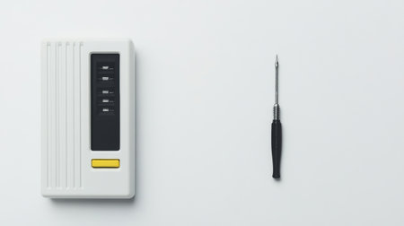 The setup features a computer device alongside a screwdriver, emphasizing tools needed for technical adjustments or repair work.の素材