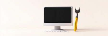A computer monitor sits next to a screwdriver, representing the importance of tools in tech repair and maintenance work.の素材