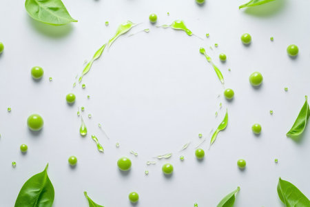 Bright green peas and drops of refreshing juice are artistically arranged on a white backdrop, showing freshness and vitality.の素材