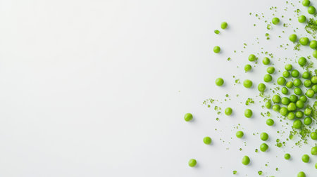 Bright green peas are scattered across a white surface, accompanied by drops of green juice that add a fresh touch to the arrangement.の素材