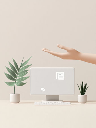 A hand extends towards a computer showing settings and security icons, surrounded by decorative potted plants in a clean workspace.の素材