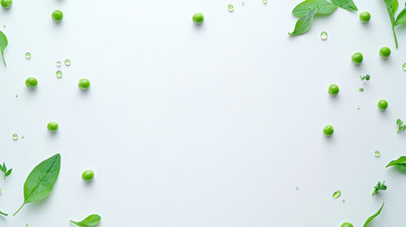 Scattered fresh green peas and droplets of green juice create a fresh and vibrant display on a clean white surface.の素材