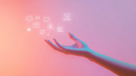 A hand extends towards a glowing computer screen filled with various technology icons, representing security and settings options.の素材