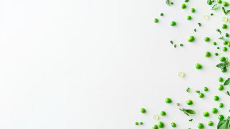 Scattered green peas and drops of juice create a vibrant display on a bright white background, showing fresh and healthy ingredients.の素材