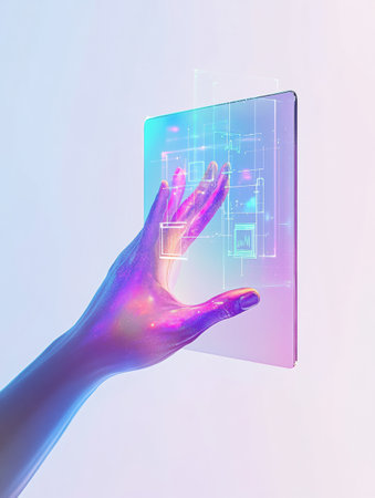 A hand approaches a translucent display featuring various settings and security icons in a modern digital atmosphere.の素材