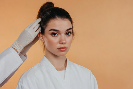 A young woman looks thoughtful as a medical professional adjusts her hair during a cosmetic surgery consultation at a clinic.の素材