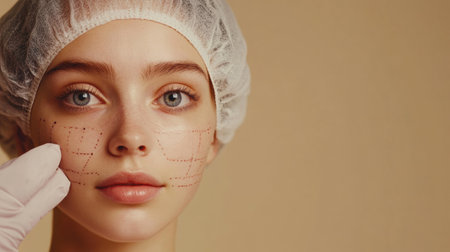 A patient is having a cosmetic surgery consultation, showing markings on her face for future enhancement and treatment planning.の素材