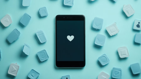 A smartphone sits on a blue background, surrounded by various icons for likes, notifications, and comments, illustrating digital interaction.の素材