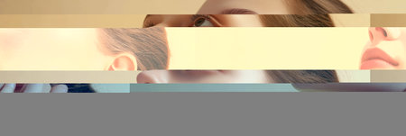 A young woman is thoughtfully assessing her features, considering cosmetic surgery in a calm and warm environment, highlighting her natural beauty.の素材