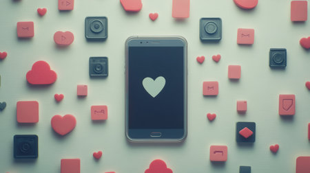 A smartphone displaying a heart symbol is encircled by various colorful notification icons, symbolizing social media engagement and connectivity.の素材