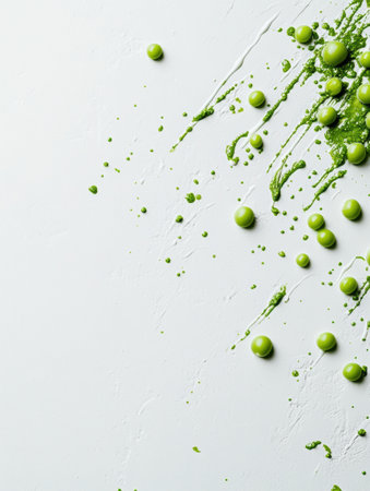 Bright green peas and splashes of juice are artistically arranged on a clean white surface, emphasizing freshness and vibrancy.の素材