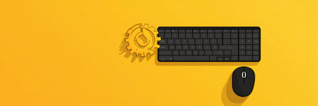A black keyboard is placed next to a mouse and a gear icon, all on a vibrant yellow background, illustrating technology and creativity.の素材
