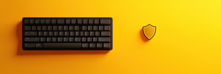 A black keyboard sits next to a shield icon on a bright yellow surface, symbolizing the importance of cybersecurity in the digital age.の素材