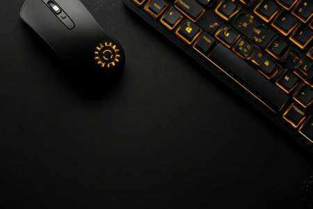 A stylish black keyboard featuring glowing keys is placed next to a modern mouse, showing a blend of tech and gaming design elements.の素材