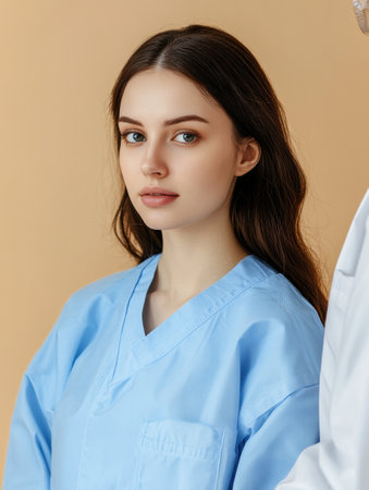 A young woman in blue scrubs engages in a consultation about cosmetic surgery options with a practitioner in a clinic.の素材