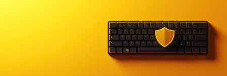 A black keyboard features a prominent shield icon, emphasizing the importance of cybersecurity on a bright yellow backdrop.の素材