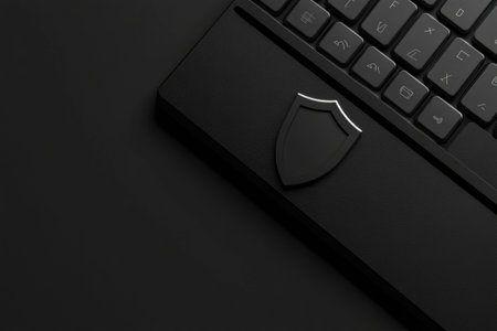 The black keyboard showcases a prominent shield icon that represents enhanced cybersecurity measures in a digital environment.の素材